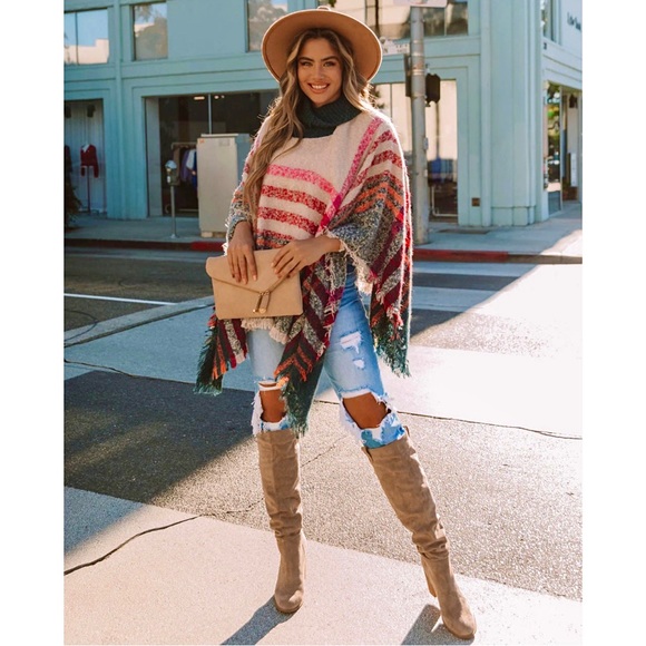 NEW Tara Cozy Boho Plaid Turtleneck Pullover Poncho Fringe - Picture 11 of 14